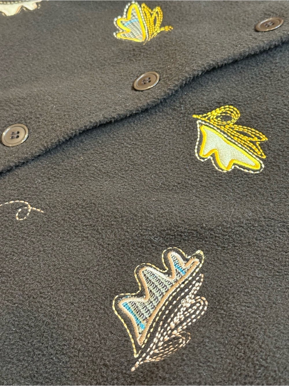 Leslie Fay Dark Brown Pea Coat with Yellow & Cream Leaf Appliqués - Picture 5 of 10